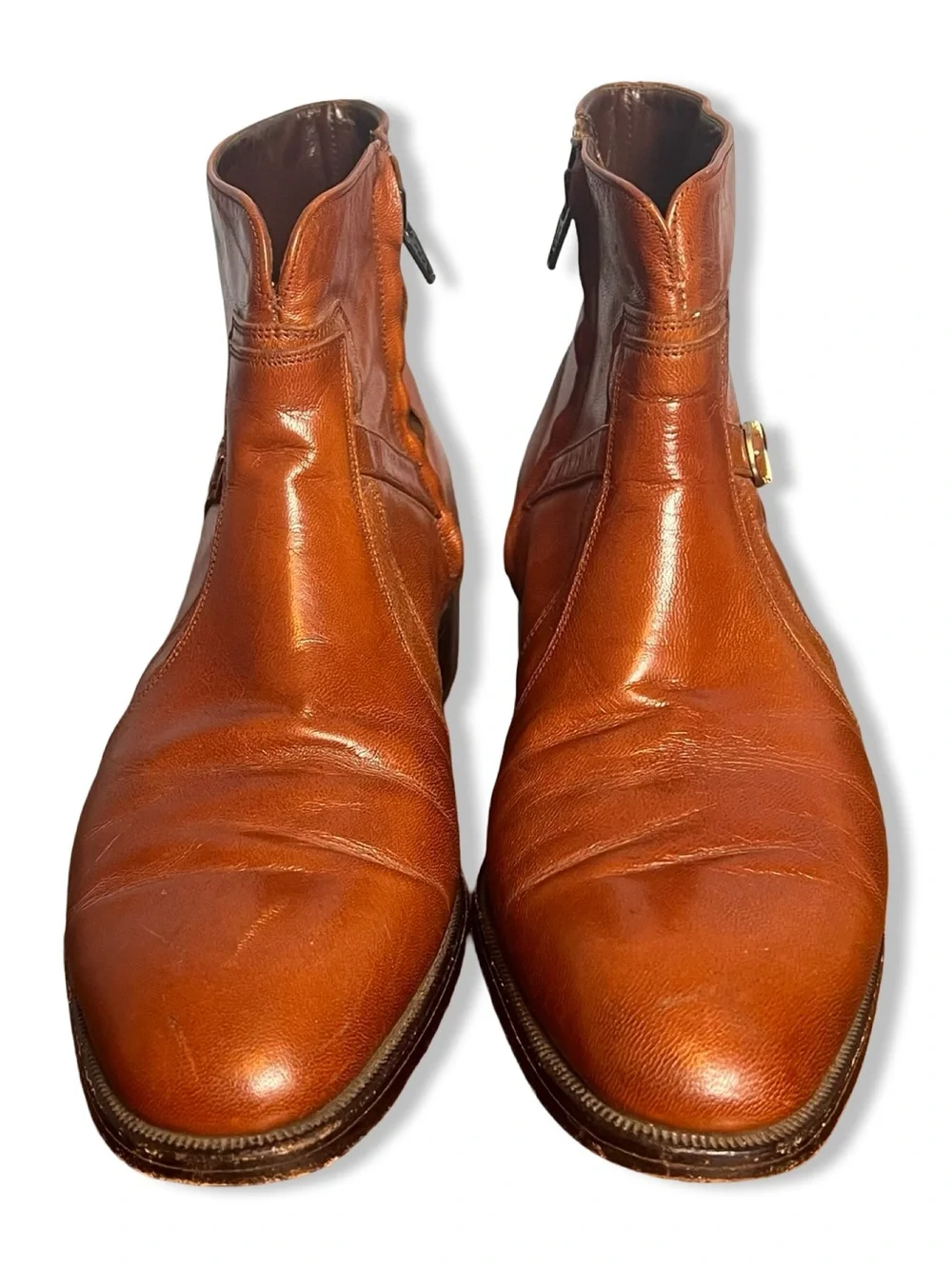 Vintage Florsheim Imperial Men’s Leather Ankle Boots Cognac Buckle Zip - Sz. 9 D